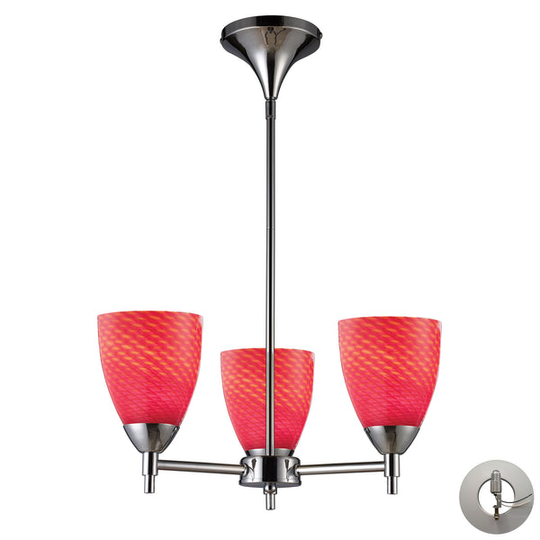 Celina 3 Light Chandelier In Polished Chrome And Scarlet Red Glass - Includes Recessed Lighting Kit