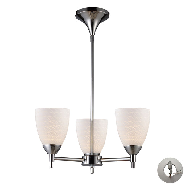 Celina 3 Light Chandelier In Polished Chrome And White Swirl Glass - Includes Recessed Lighting Kit