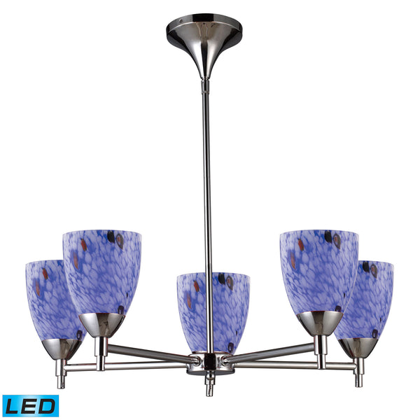 Celina 5 Light LED Chandelier In Polished Chrome And Starburst Blue Glass