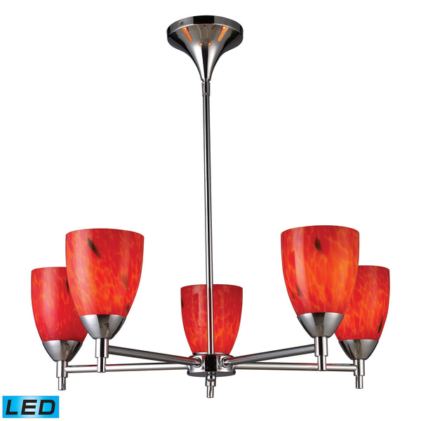 Celina 5 Light LED Chandelier In Polished Chrome And Fire Red Glass