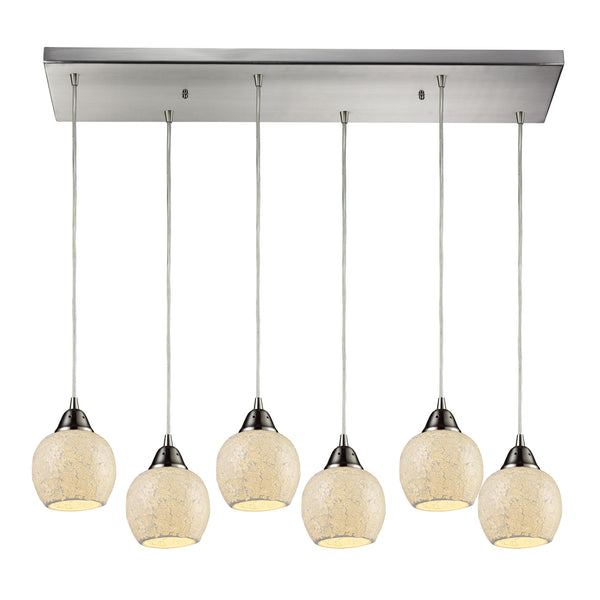 Fission 6 Light Pendant In Satin Nickel And Cloud Glass