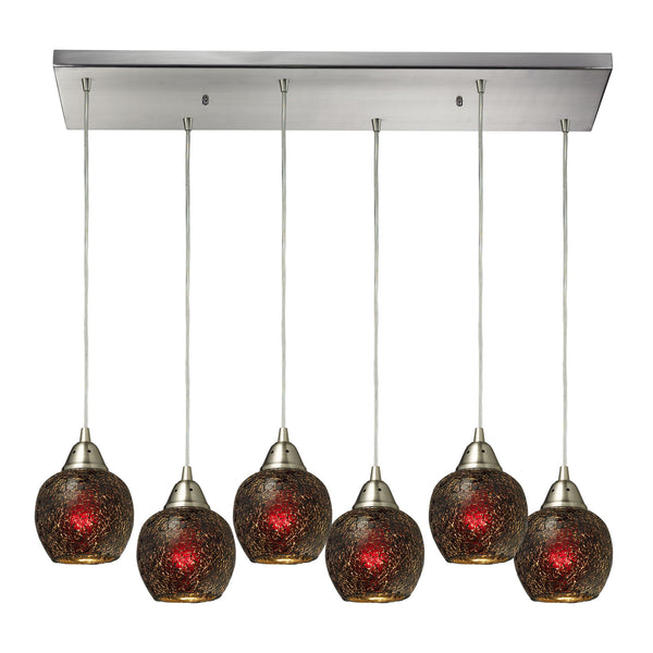 Fission 6 Light Pendant In Satin Nickel And Wine Glass