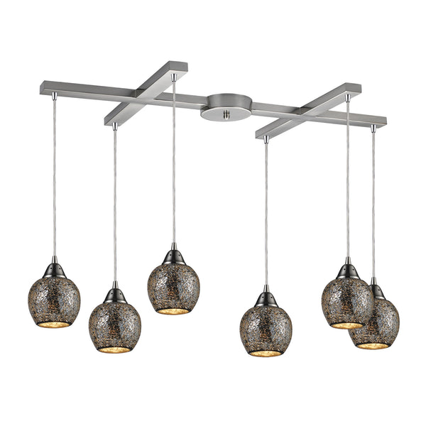 Fission 6 Light Pendant In Satin Nickel And Silver Glass