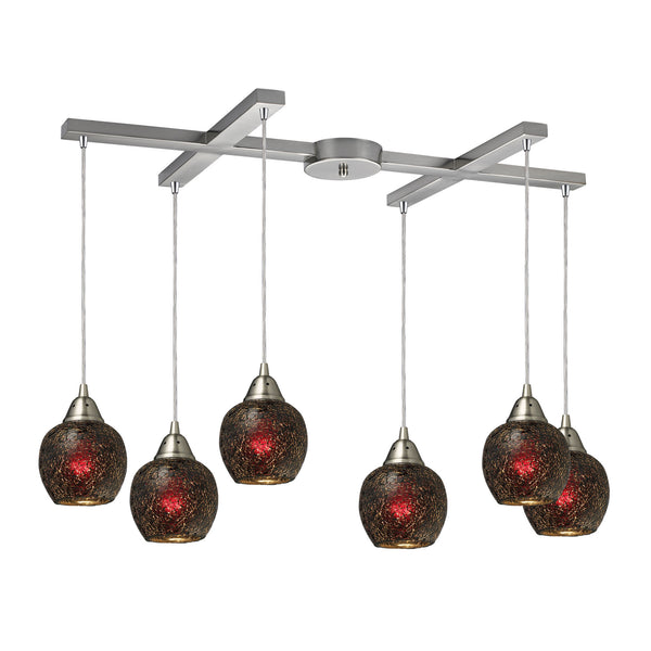 Fission 6 Light Pendant In Satin Nickel And Wine Glass