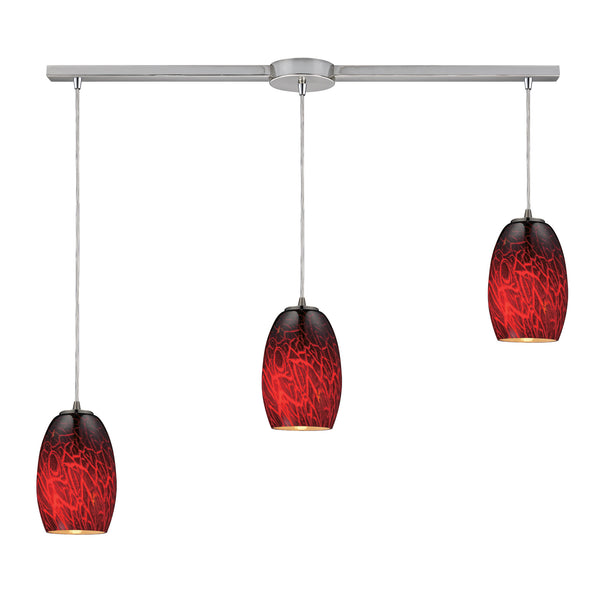 Maui 3 LED Light Pendant In Satin Nickel And Firebrick Glass