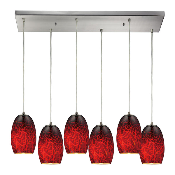 Maui 6 Light Pendant In Satin Nickel And Firebrick Glass