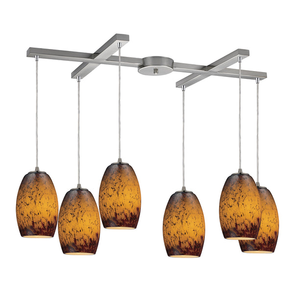 Maui 6 Light Pendant In Satin Nickel And Sunset Glass
