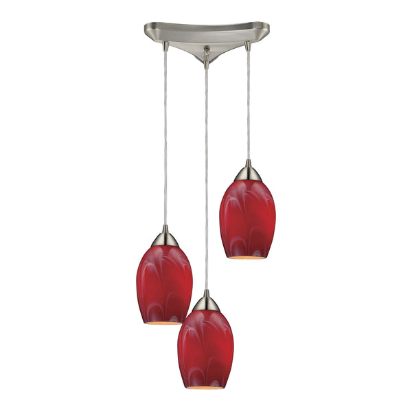 Favela 3 Light Pendant In Satin Nickel And Cherry Glass