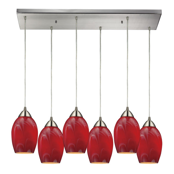 Favela 6 Light Pendant In Satin Nickel And Cherry Glass