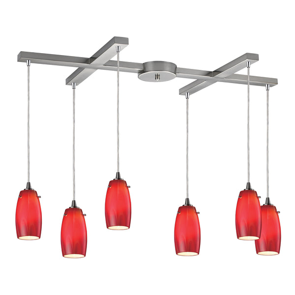 Favelita 6 Light Pendant In Satin Nickel And Cherry Glass