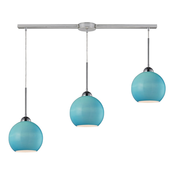 Cassandra 3 Light Pendant In Polished Chrome And Aqua Glass