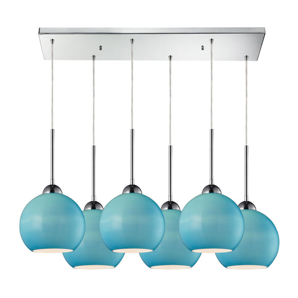 Cassandra 6 Light Pendant In Polished Chrome And Aqua Glass