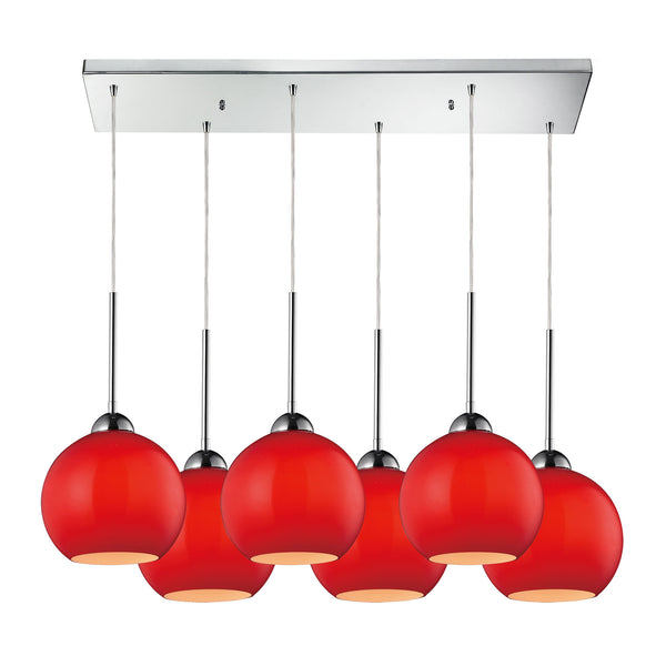Cassandra 6 Light Pendant In Polished Chrome And Vermillion Glass