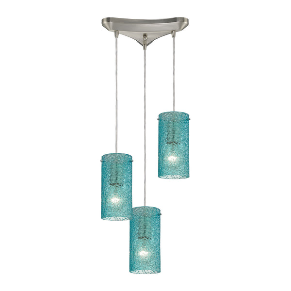 Ice Fragments 3 Light Pendant In Satin Nickel And Aqua Glass