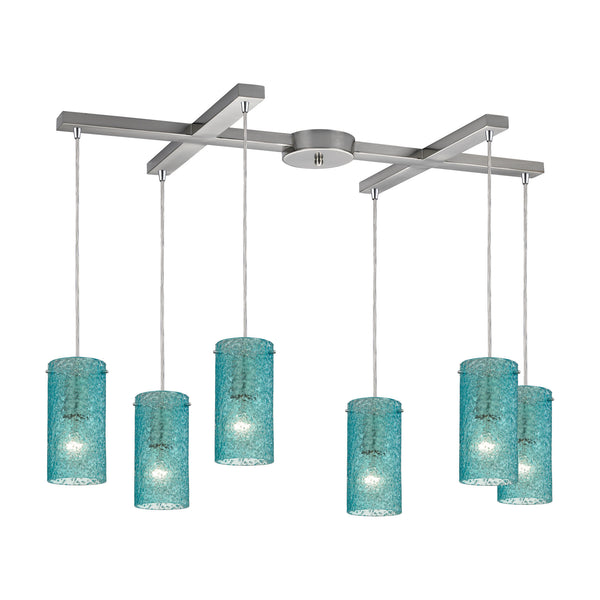 Ice Fragments 6 Light Pendant In Satin Nickel And Aqua Glass