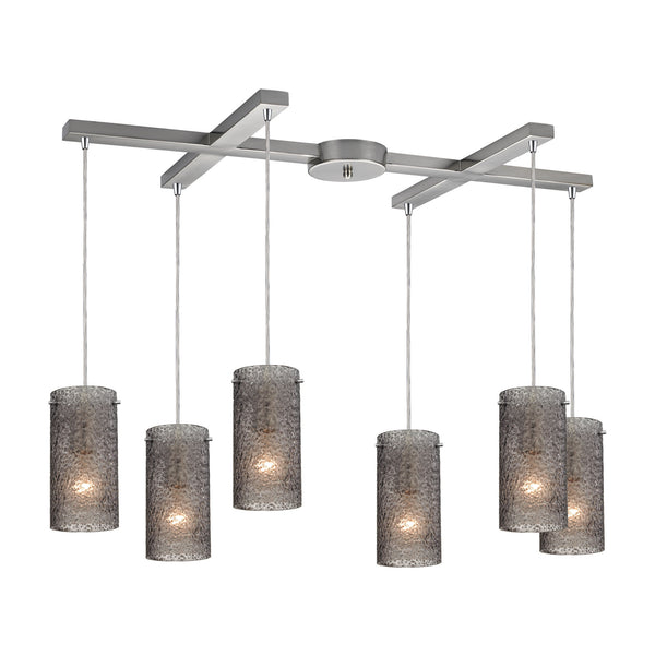 Ice Fragments 6 Light Pendant In Satin Nickel And Smoke Glass