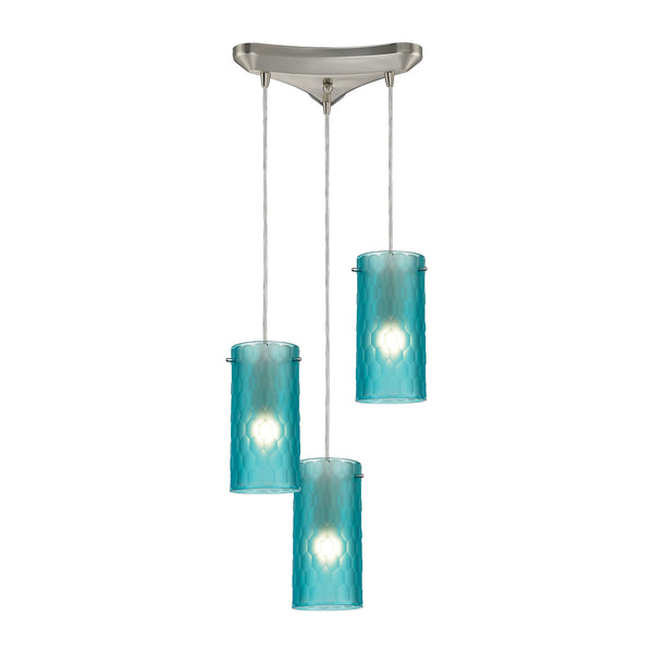 Synthesis 3 Light Pendant In Satin Nickel And Frosted Aqua Glass