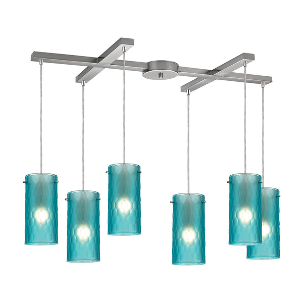 Synthesis 6 Light Pendant In Satin Nickel And Frosted Aqua Glass