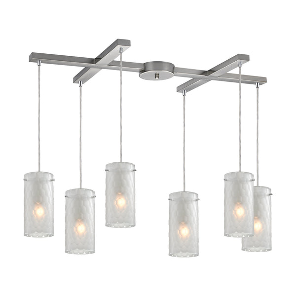 Synthesis 6 Light Pendant In Satin Nickel And Frosted Clear Glass