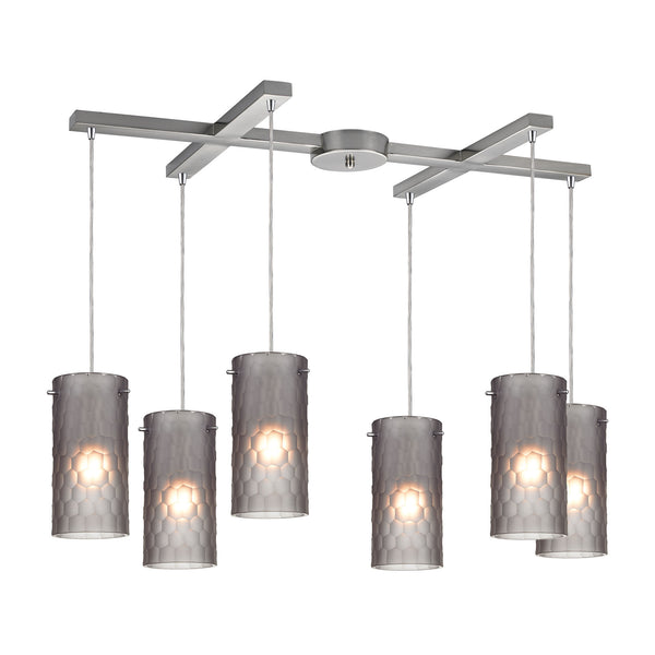 Synthesis 6 Light Pendant In Satin Nickel And Frosted Smoke Glass