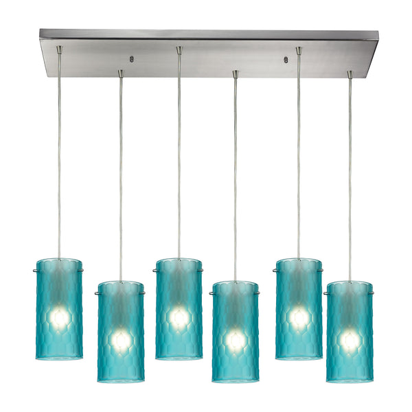 Synthesis 6 Light Pendant In Satin Nickel And Frosted Aqua Glass
