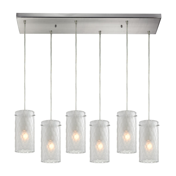 Synthesis 6 Light Pendant In Satin Nickel And Frosted Clear Glass