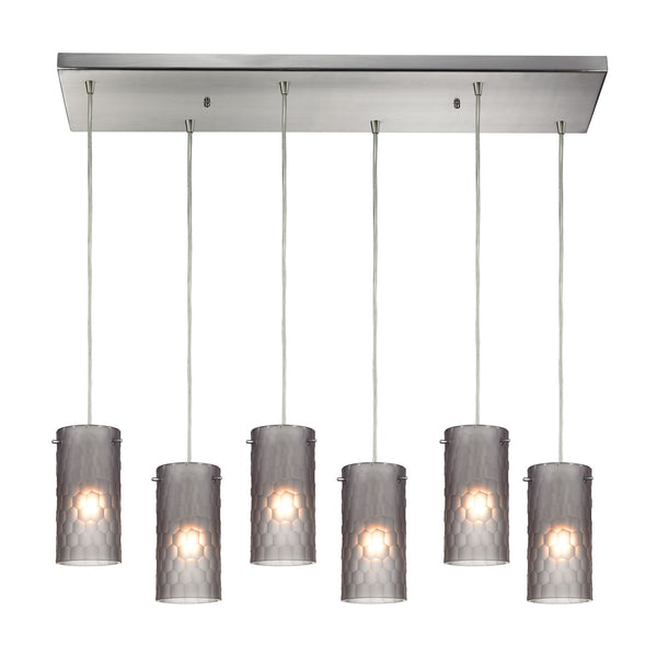 Synthesis 6 Light Pendant In Satin Nickel And Frosted Smoke Glass