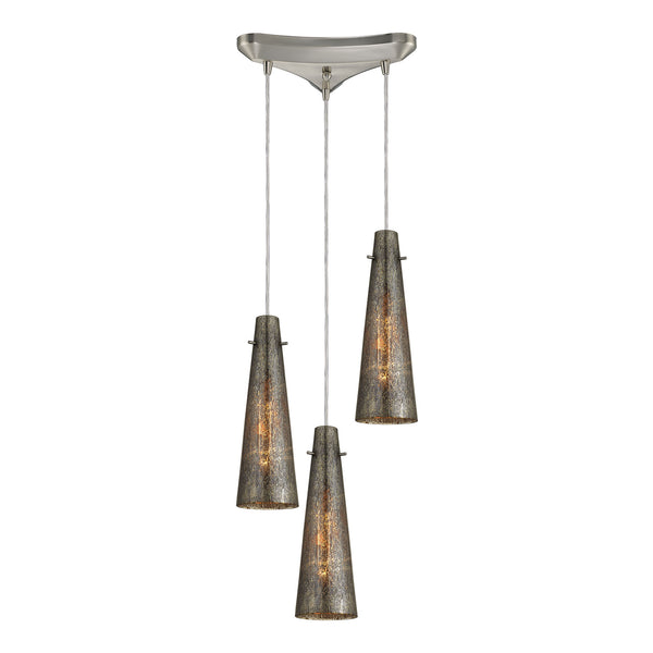 Rury 3 Light Pendant In Satin Nickel And Mercury Glass