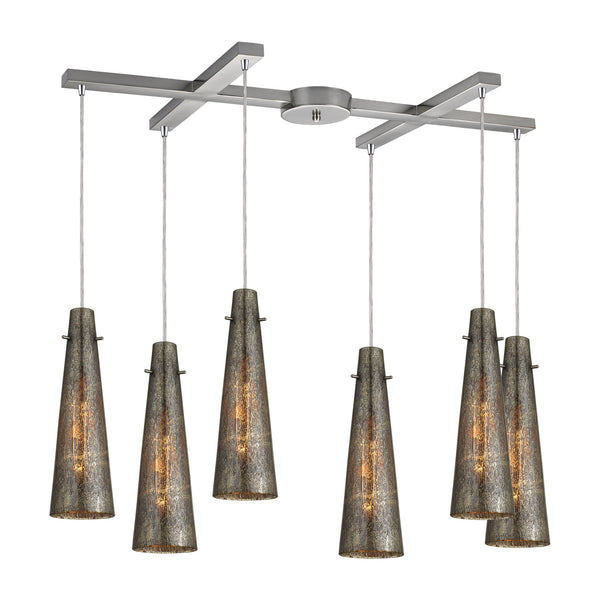 Rury 6 Light Pendant In Satin Nickel And Mercury Glass
