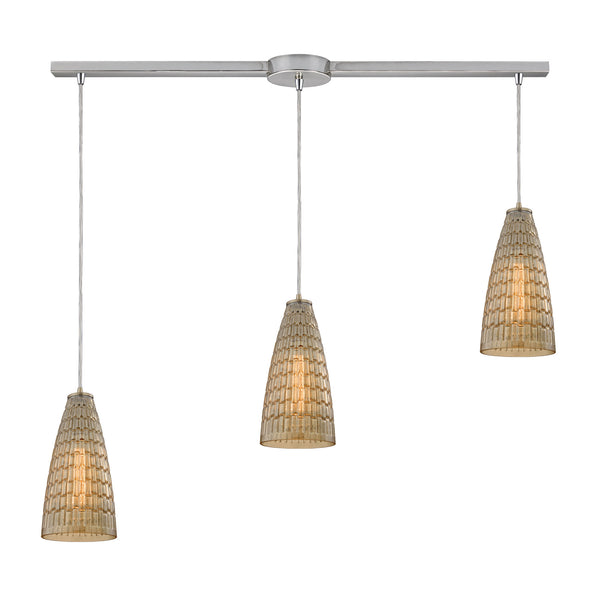 Mickley 3 Light Pendant In Satin Nickel And Amber Teak Glass
