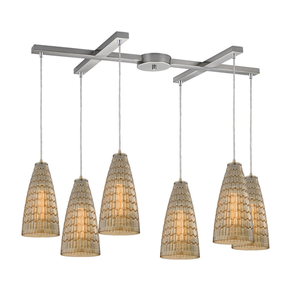 Mickley 6 Light Pendant In Satin Nickel And Amber Teak Glass