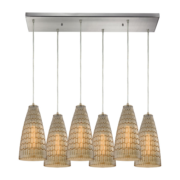 Mickley 6 Light Pendant In Satin Nickel And Amber Teak Glass