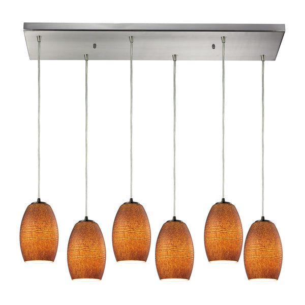 Andover 6 Light Pendant In Satin Nickel And Textured Brown Glass