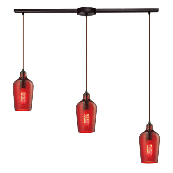 Hammered Glass 3 Light Pendant In Oil Rubbed Bronze And Red Glass