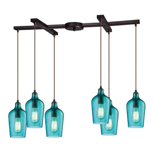 Hammered Glass 6 Light Pendant In Oil Rubbed Bronze And Aqua Glass