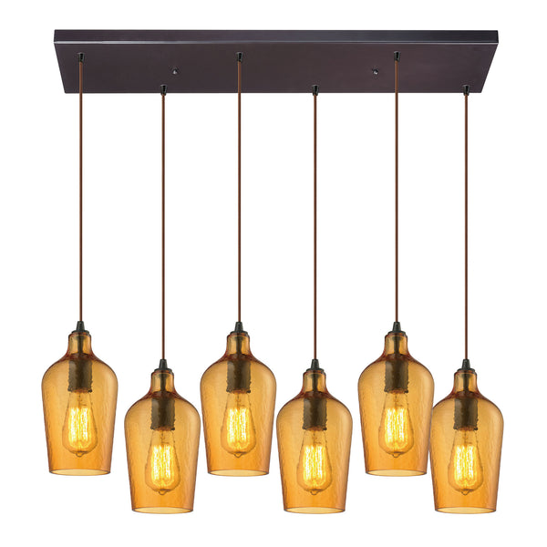 Hammered Glass 6 Light Pendant In Oil Rubbed Bronze And Amber Glass