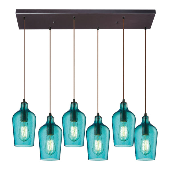 Hammered Glass 6 Light Pendant In Oil Rubbed Bronze And Aqua Glass