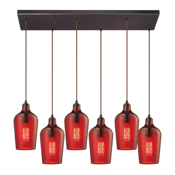Hammered Glass 6 Light Pendant In Oil Rubbed Bronze And Red Glass