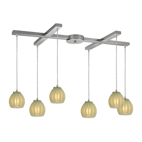Melony 6 Light Pendant In Satin Nickel And Jade Glass
