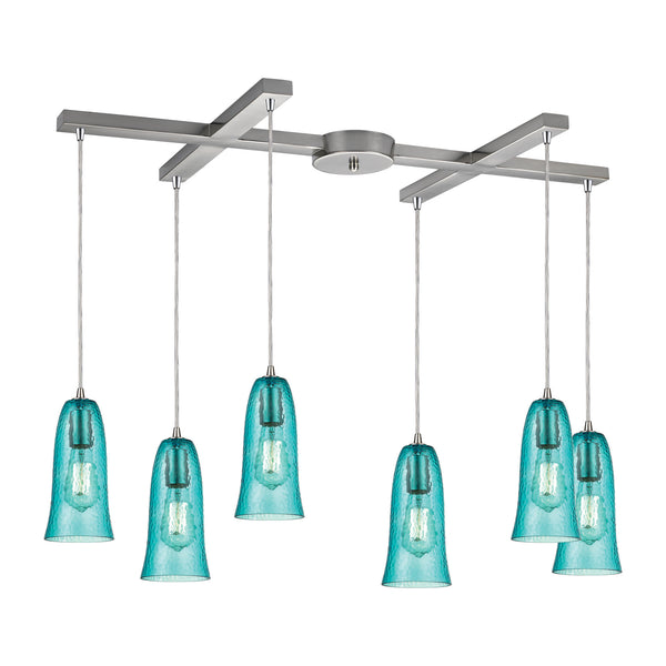 Hammered Glass 6 Light Pendant In Satin Nickel