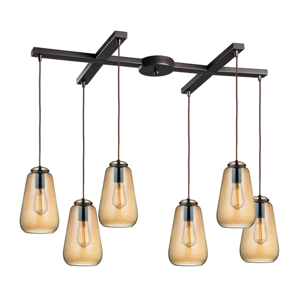 Orbital 6 Light Pendant In Oil Rubbed Bronze And Amber Teak Glass