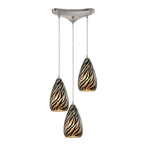 Predator 3 Light Pendant In Satin Nickel And Leopard Glass