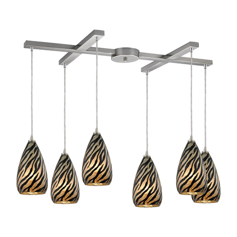 Predator 6 Light Pendant In Satin Nickel And Leopard Glass