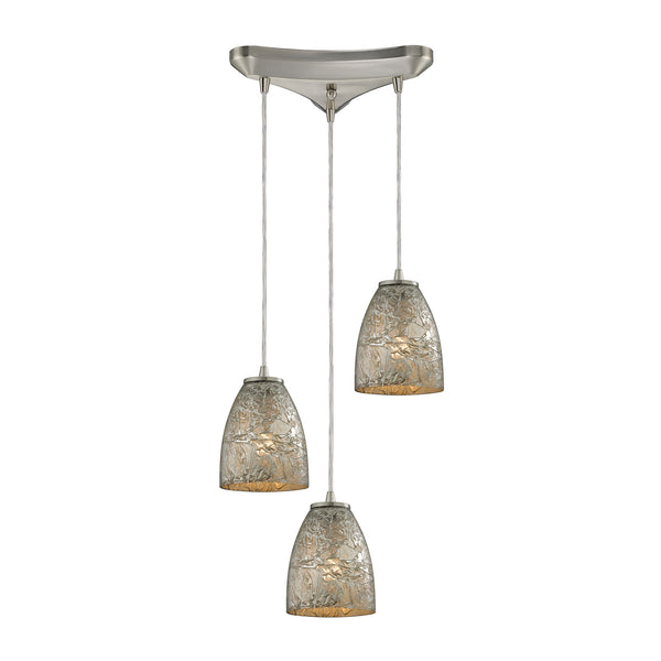 Fissure 3 Light Pendant In Satin Nickel And Silver Glass
