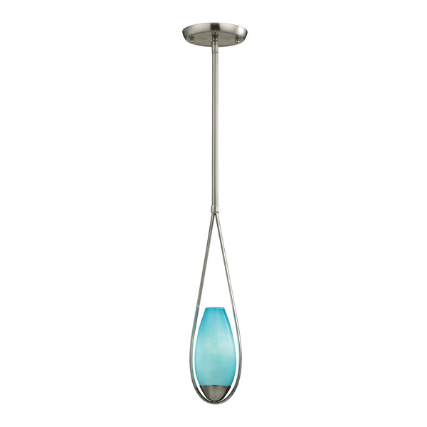 Teardrop 1 Light Pendant In Satin Nickel And Aqua Glass