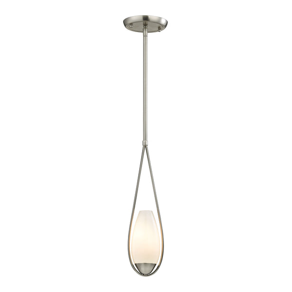 Teardrop 1 Light Pendant In Satin Nickel And White Glass