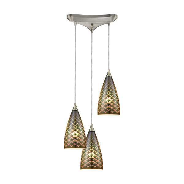Illusions 3-Light Triangle Pan In Satin Nickel With 3-D Fishscale Glass Pendant