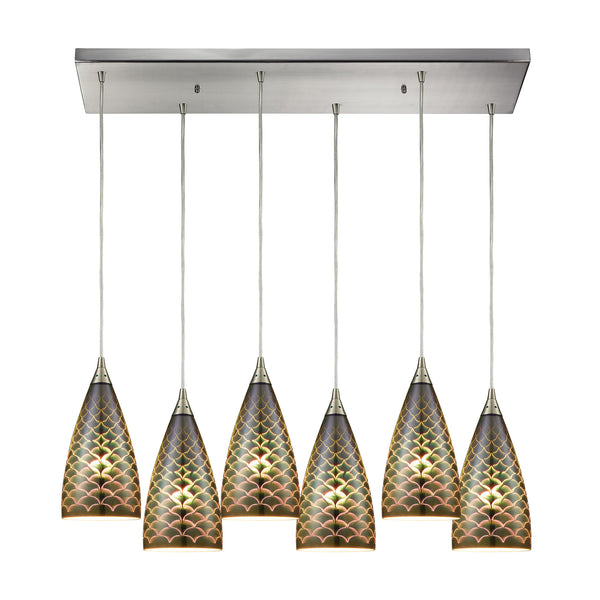 Illusions 6-Light Rectangle In Satin Nickel With 3-D Fishscale Glass Pendant