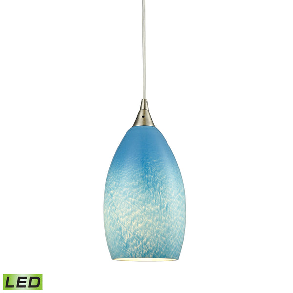 Earth 1 Light LED Pendant In Satin Nickel And Sky Blue Glass