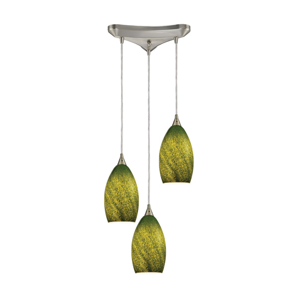 Earth 3 LED Light Pendant In Satin Nickel And Grass Green Glass